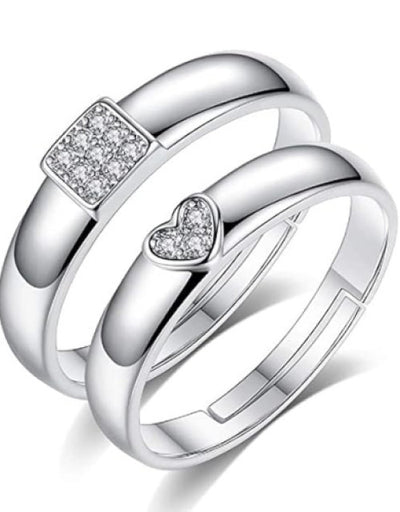 Silver-Plated Cubic Zirconia-Studded Adjustable Couple Rings
